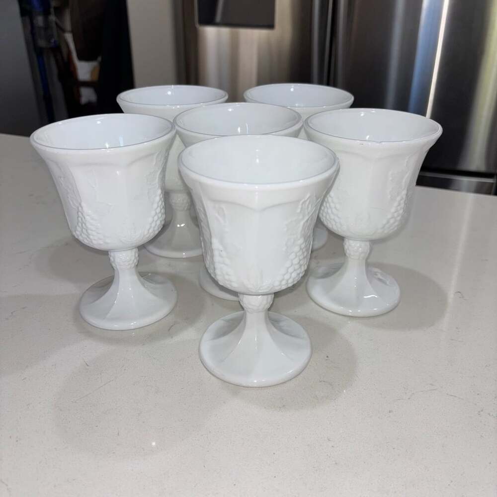 Set of 6 Vintage Indiana Colony White Milk Glass Goblets Harvest Grape Pattern